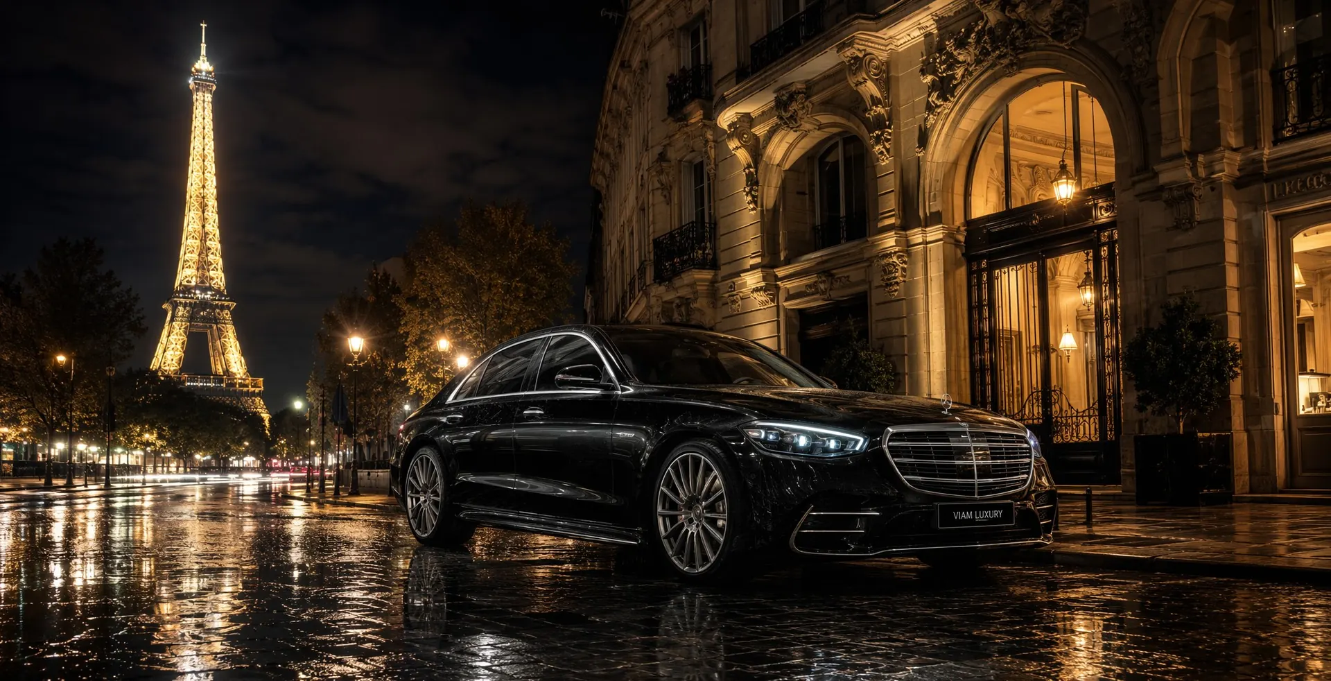 A CABREZA Mercedes in front of the Eiffel Tower at night